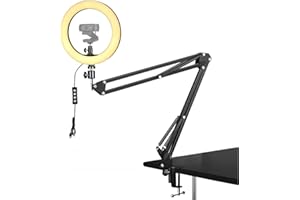 Webcam Selfie Light with Clamp Mount Stand,10 Inch Ring Light with Boom Arm Holder Compatible with Logitech C920 StreamCam C9