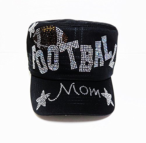 Bling AB Rhinestone Football Mom Black Cadet Cap Hat Sports Military