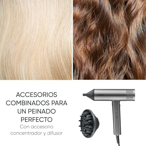 Secador de pelo de alto rendimiento con motor BLDC y tecnología iónica, Secador de pelo con difusor magnético y concentrador, Potencia de 2.000 W, Gris, HT 0171