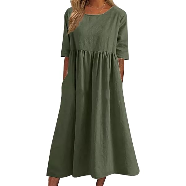 chinese dress ladies Mordenmiss Women's Cotton Linen Dress Summer Midi Dresses with Pockets (L  Navy) at Amazon Women's Clothing store