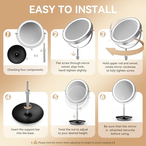 Auxmir 1X/30X Magnifying Mirror with Light, 9” Adjustable Height Makeup Mirror, Rechargeable Lighted Mirror with 3 Color Modes & Dimmable, Double Sided Vanity Mirror for Shaving, Tweezing