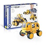 PowerClix Construction Vehicle Set: 55 Piece Magnetic Build-Your-Own Dump Truck, Bulldozer, and More - STEM Educational Building Toy for Kids