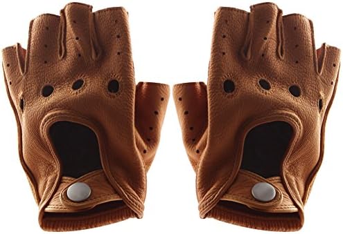 Venusfur Men's Deerskin Fingerless Half Finger Driving Fitness Motorcycle Cycling Unlined Leather Gloves (Medium, Yellow)
