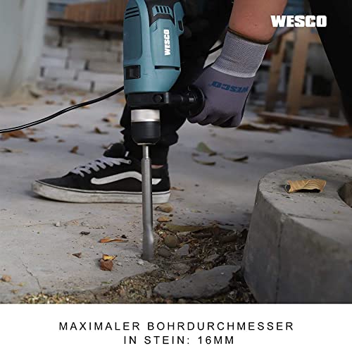 WESCO Trpano a Percussione 750W a Velocità 3000RPM e Impulsi a 48000BPM, 2 Modalità TRAPANO/MARTELLO con Impugnatura Ausiliaria 360° e Asta di Profondità WS3174.4