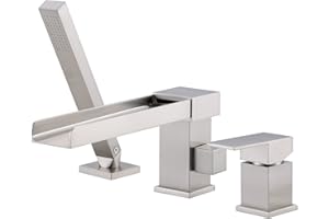ALEASHA Waterfall Roman Tub Faucets,Bathtub Deck Mount Tub with 360° Spout,Modern Bathroom Jacuzzi Tub Faucet Set 3-Holes for Soaking Tub with Sprayer,Brushed Nickel