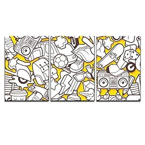 3 Piece Canvas Wall Art - Vector - Graffiti Seamless Pattern with Urban Lifestyle Line Icons - Modern Home Art Stretched and Framed Ready to Hang - 16"x24"x3 Panels