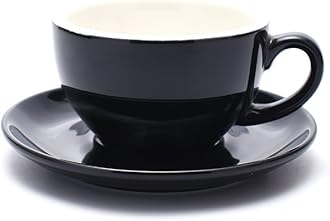 Free Pour Coffee Cup and Saucer, Small Cappuccino and Double Espresso, Ceramic Coffee Cups for Coffee Shop and Barista (Glossy Black, 5 oz)