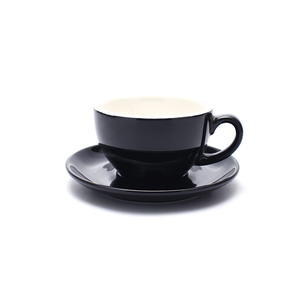Free Pour Coffee Cup and Saucer, Small Cappuccino and Double Espresso, Ceramic Coffee Cups for Coffee Shop and Barista (Glossy Black, 5 oz)
