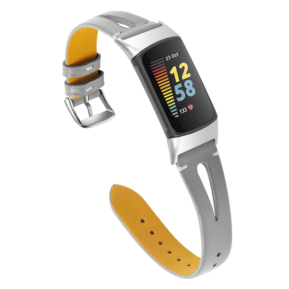 Gimuk Leather Strap Compatible with Fitbit Charge 5, Adjustable Replacement Strap Band Sport Fitness Wristband for Charge 5 Women Men (Grey)