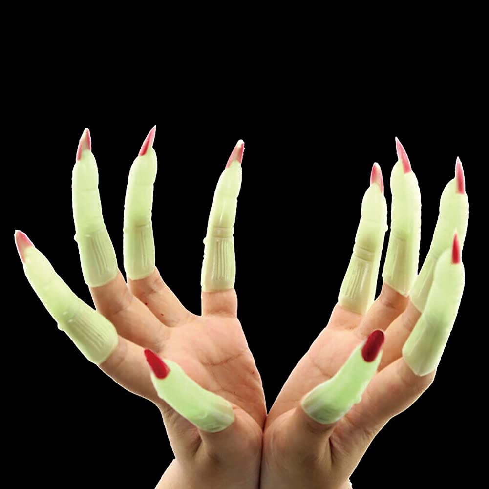 JIHUOO 20 Pcs Scary Glow in the Dark Witch Fingers Claw Fake Zombie Fingernails Halloween Costume Party Pack