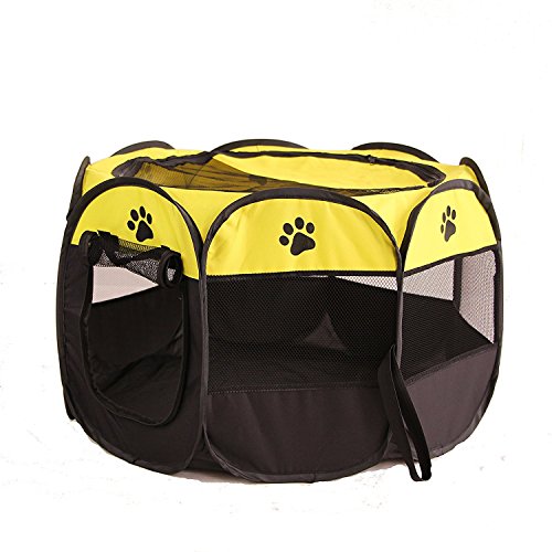UNFADE MEMORY Portable Foldable Pet Playpen, Indoor/Outdoor, Dog/Cat/Puppy Exercise pen Kennel, Removable Mesh Shade Cover, dog pop up silhouettes pet pen - Yellow, M - Thumbnail 2