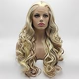 Lushy Wavy Long 26inch White Blonde Auburn Mix Synthetic Wig Heat Resistant Heavy Density Realistic Lace Front Wig