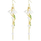 Long Flower Leaf Fairy Dangle Earrings for Women Lily of the Valley Earring Floral Tangled Dangling Earrings Shell Pearl Link Chain Drop Earrings Renaissance Jewelry for Sensitive Ears
