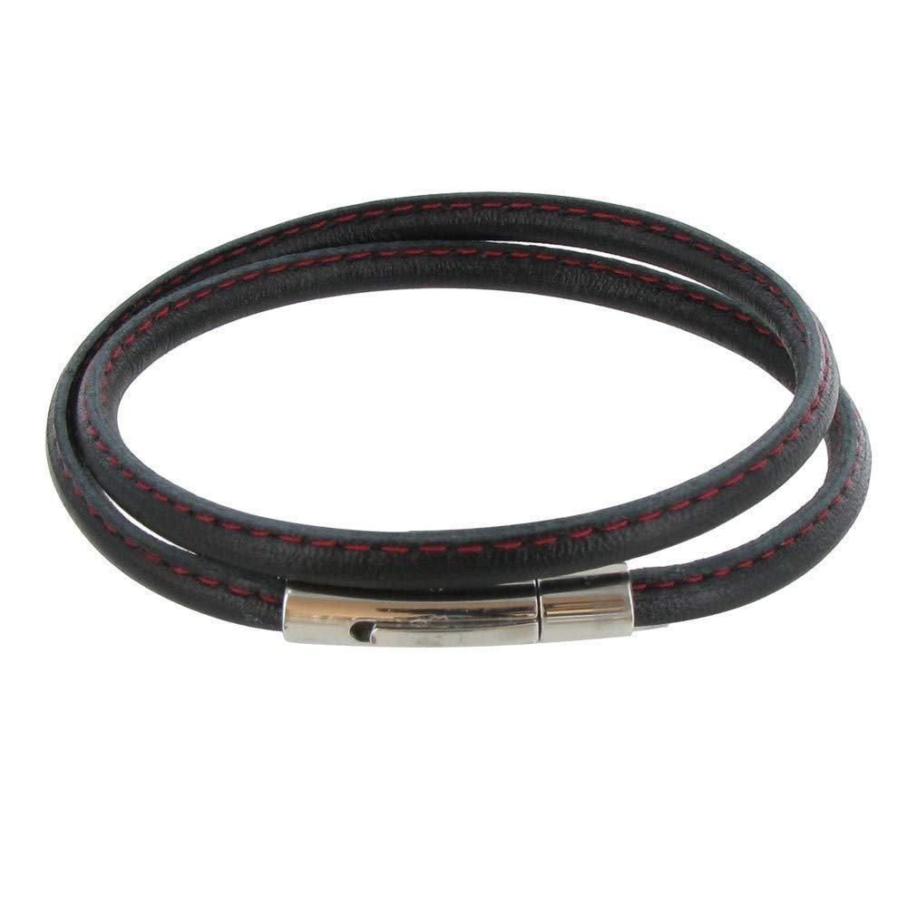 LES POULETTES BIJOUX - Men Bracelet Black Fine Leather Stitched Stainless Steel Clasp - Classics - Red