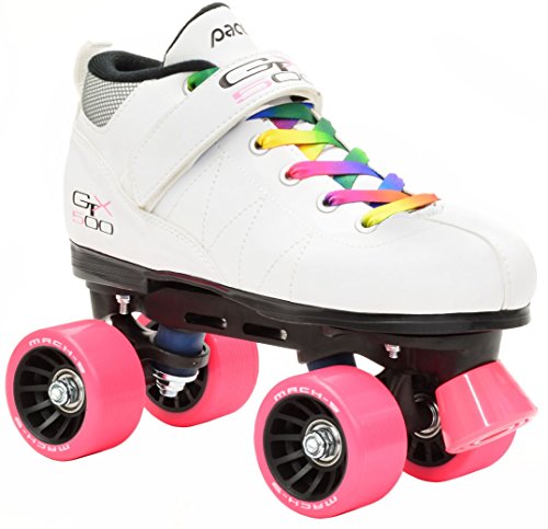 White Pacer Mach-5 GTX500 Quad Speed Roller Skates with Rainbow Laces (Mens 5 / Ladies 6)