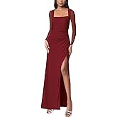 Women Mesh Long Sleeve Square Neck Ruched Sheath Formal Evening Maxi Dress Cocktail Party Wedding Guest Dresses