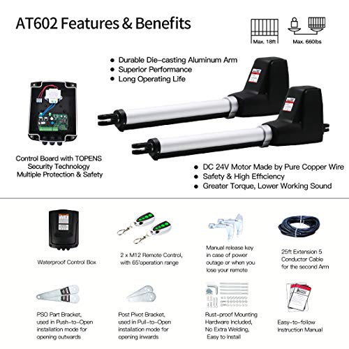 TOPENS AT602 Dual Gate Opener Medium Duty Automatic Gate Opener Kit for Dual Swing Gates Up to
