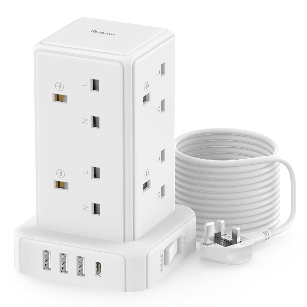 Sameriver 12-in-1 Tower Extension Lead 5M 8 AC Outlets 4 USB Ports Surge