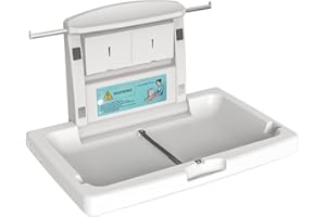PLUSSEN Baby Changing Station Wall Mounted, Fold Down Commercial Horizontal Baby Changing Table with Safety Strap, Storage Box, Hanging Rod, Horizontal-X1005
