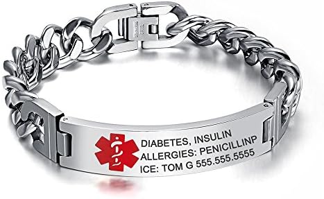 7.5 to 8.5 Inches Free Engrave Emergency Medical Bracelets for Men Women Alert ID Bracelets for Adults Titanium Steel Medical Alert Bracelets for Women