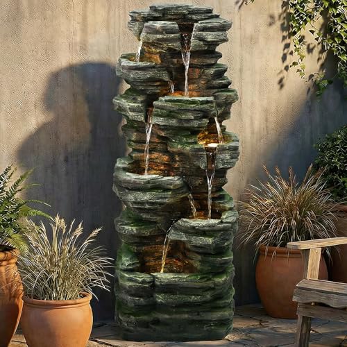 46" H Outdoor Water Fountain, 7-Tiers Cascading Rock Waterfall Fountain with 6…