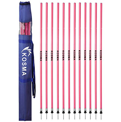 Kosma Pack of 12pc Speed Training Slalom Poles 5ft x 25mm with Spring loaded base and detachable spike in Carry Bag - Color: Pink | Agility Football Training Posts