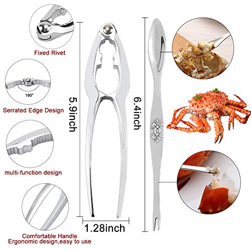 Professional Seafood Tools Picks Set Crackers Tools, 2 Nut Crackers + 1 Scissor + 6 Red Picks + 5 Stainless Steel Forks Kitchen Easy-opener Picnic Tools for Lobster, Crab Claws and Other Crustaceans
