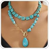 CIWEAI Chunky Turquoise Western Necklaces for Women Fashion Long Layered Square Beaded Statement Necklace Large Gold Collar Jewelry Boho Teardrop Accessories