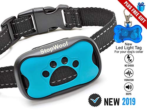 Dog Bark Collar-New Version 2019-Sound & Vibration Humane Training Collar for Small, Medium & Large Dogs- No Shock Safe Pet Waterproof Device-Free!!-New LED Light Tag!
