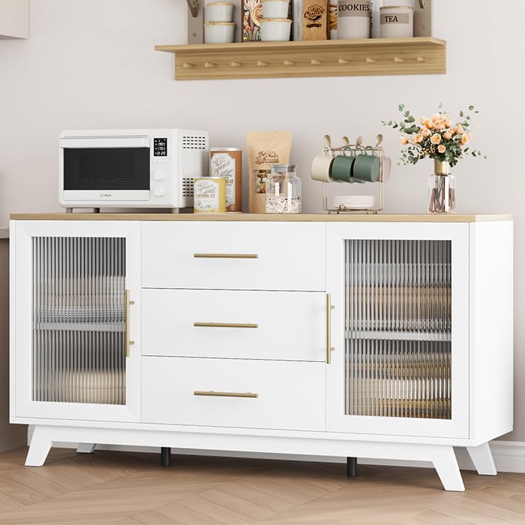 Photo 1 of **AS IS, FINAL SALE**  CABIHOME Buffet Cabinet, 56" Sideboard Buffet Storage Cabinet with Adjustable Shelves and Fluted Glass Door, Modern Coffee Bar, Table for Kitchen, Dining Room, Natural