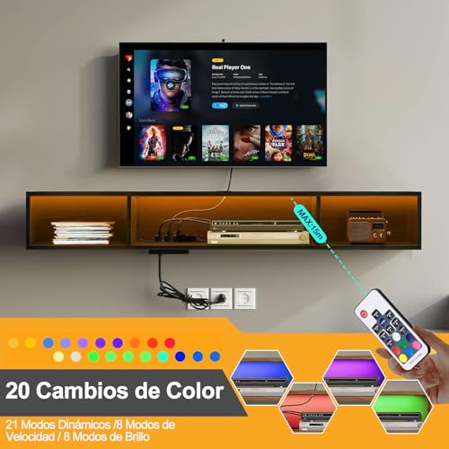 WELIKERA Mueble para TV 70 Pulgadas con Luces RGB, Repisas Flotantes de Pared para TV con Toma de Corriente, Almacenamiento Debajo para Salón, Dormitorio, Negro