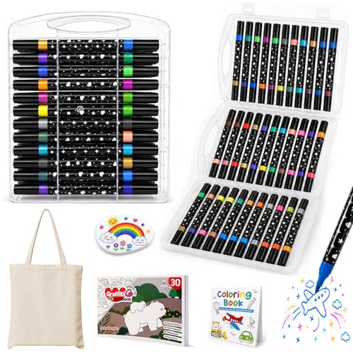 Zaztytoy Acrylic Glitter Markers 72 Colors, 36 Double-Ended Markers Kit with 2 Coloring Books, Painting Stone and DIY Bag, for Wood, Ceramic, Paper and Canvas