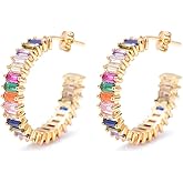 Savlano 14K Gold Plated Cubic Zirconia Multicolor Rainbow Round Hoop Stud Earrings for Women Comes with a Gift Box
