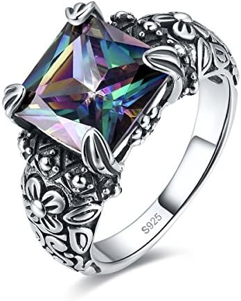 Merthus10x10mm Princess Cut Simulated Mystic Rainbow Topaz Antique Design Black Oxidized Finish 925 Sterling Silver Floral Band Gemstone Ring for Women