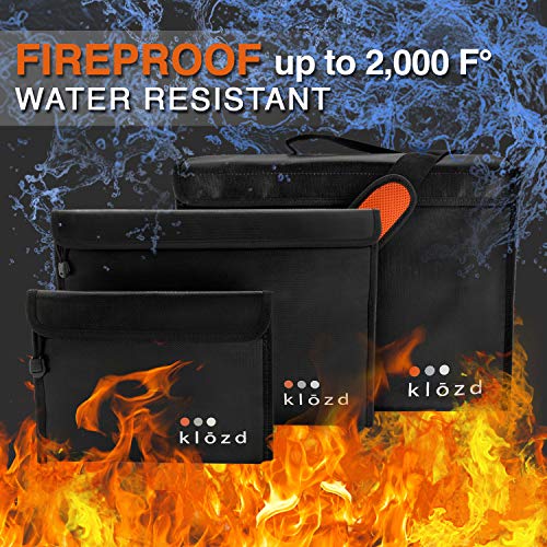 KLOZD Fireproof Document Bags Premium Upgraded (Set of 3 XXL, XL, L