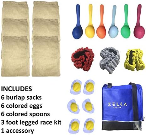 Zelka Premuim Quality 6 Set Relay Race Party Game, Includes 6 Burlap Bags, 6 Spoons, 6 Eggs, 3 Three Legged Race Band, 1 Bag