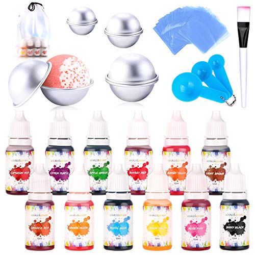 Bath Bomb Mold Set with Soap Dye Bath Bomb Kit Soap Colorant for Bath Bomb Making Supplies with(12 Colorants; 8 Molds ; 50 Shrink Wrap Bags; 3 Spoons; 1 Brush)
