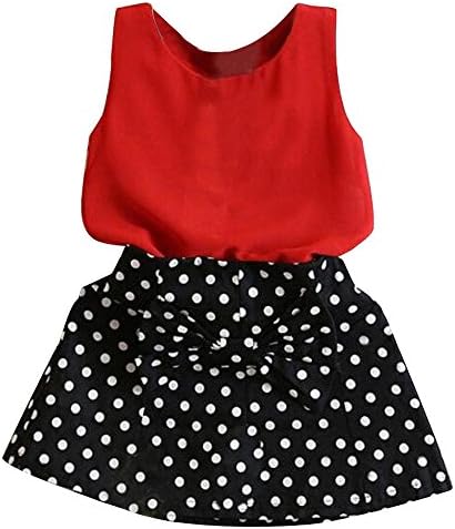 Bestoppen 2pcs Children Baby Girls Clothing Outfits Sets Cute Sleeveless Pleated Vest Tops +Dot Printing Dress Short Skirt Set Baby Gift Cotton Clothes for 1-6 Years Old