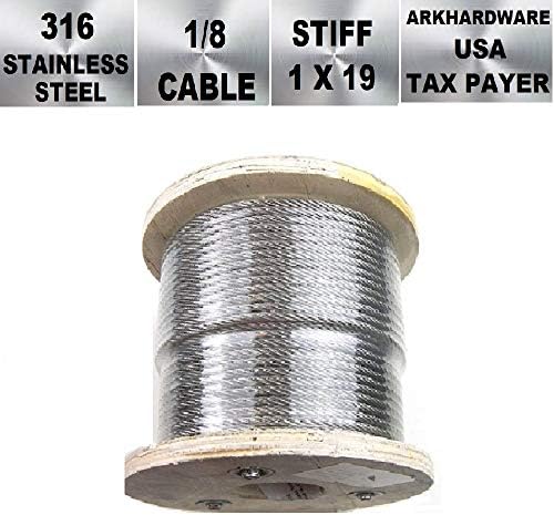 ArkHardware 1/8" 1x19 Stiff Stainless Steel Wire Rope Cable Type 316 L Grade Railing Rigging Deck Stairs Commercial Marine Grade (1000)