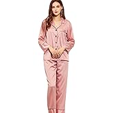 SKYEVERS Silk Satin Pajamas Women, Long Sleeve Silk Pjs for Women Set, Two-piece Button-Down Sleepwear (Large, Dusty Rose)