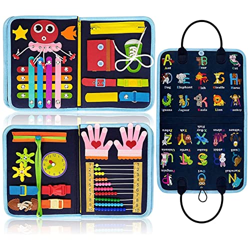AM ANNA Busy Board Montessori Toy for 1 2 3 4 Year Old Toddlers, Toddler Travel Toys for Plane Car, Quiet Book, Sensory Toys for Toddlers 2 3 4, Montessori Toys for Toddler (Blue)