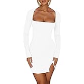 NADIA FRACA Women's Sexy Drawstring Long Sleeve Square Neck Cut Out Backless Side Slit Bodycon Mini Dress Clubwear
