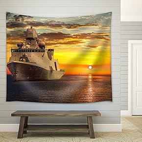 The Military Ship on Sea at Sunrise. - Fabric Wall Tapestry Home Decor - 51x60 inches