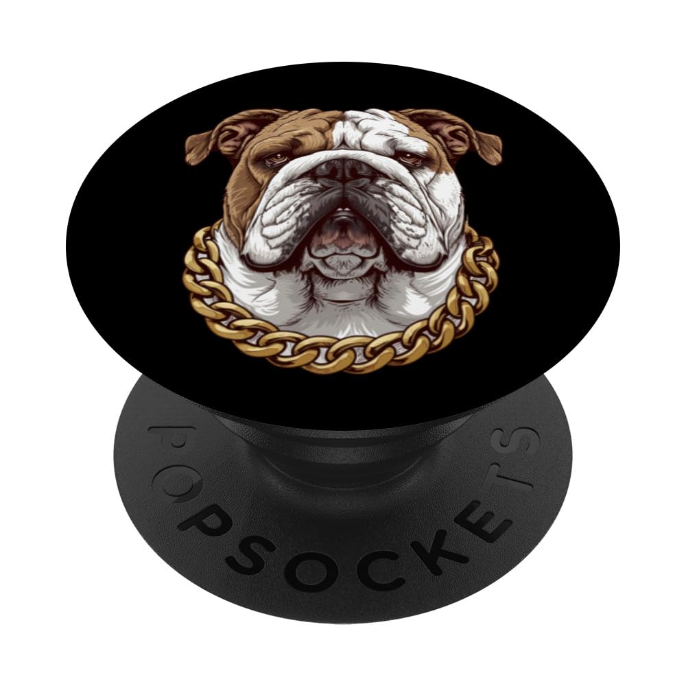 Stylish English Bulldog with Golden Chain Collar Necklace PopSockets Swappable PopGrip