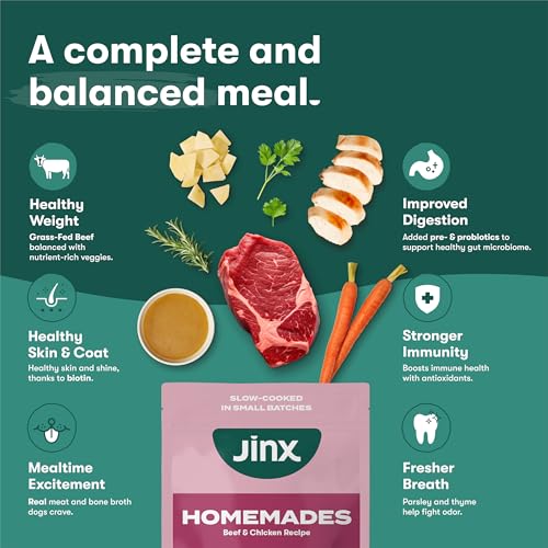 JINX BEEF GRAIN FREE WET DOG FOOD POUCHES, MEAL OR DOG FOOD TOPPER MIX-IN, MADE WITH REAL BEEF & CHICKEN, BONE BROTH, NO FILLERS – PUPPY, ADULT, SENIOR, 9OZ, 6 PACK
