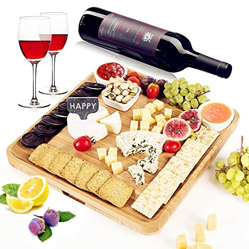 Large Bamboo Cheese Board Set - Wooden Serving Tray and Charcuterie Platter with Two Ceramic Bowls, Hidden Magnetic Drawer, Cheese Knives, Serving Forks, Markers and Wine Accessories - Thumbnail 4