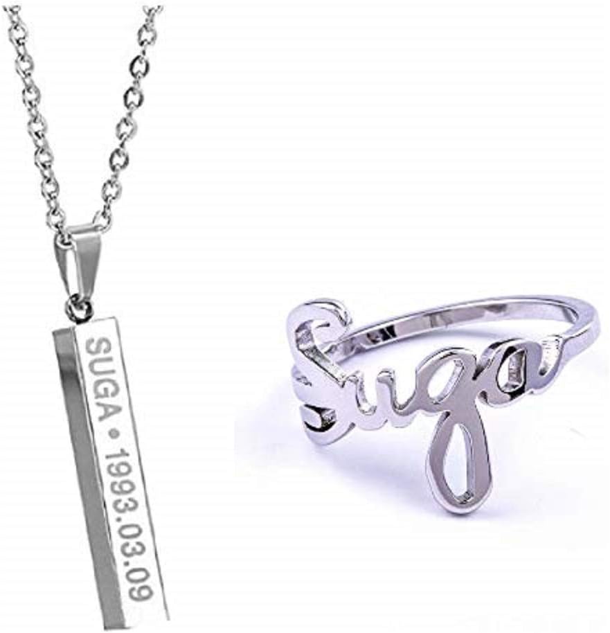 PINGJING BTS Members Name Date Pendant Necklace and Finger Rings for Fans