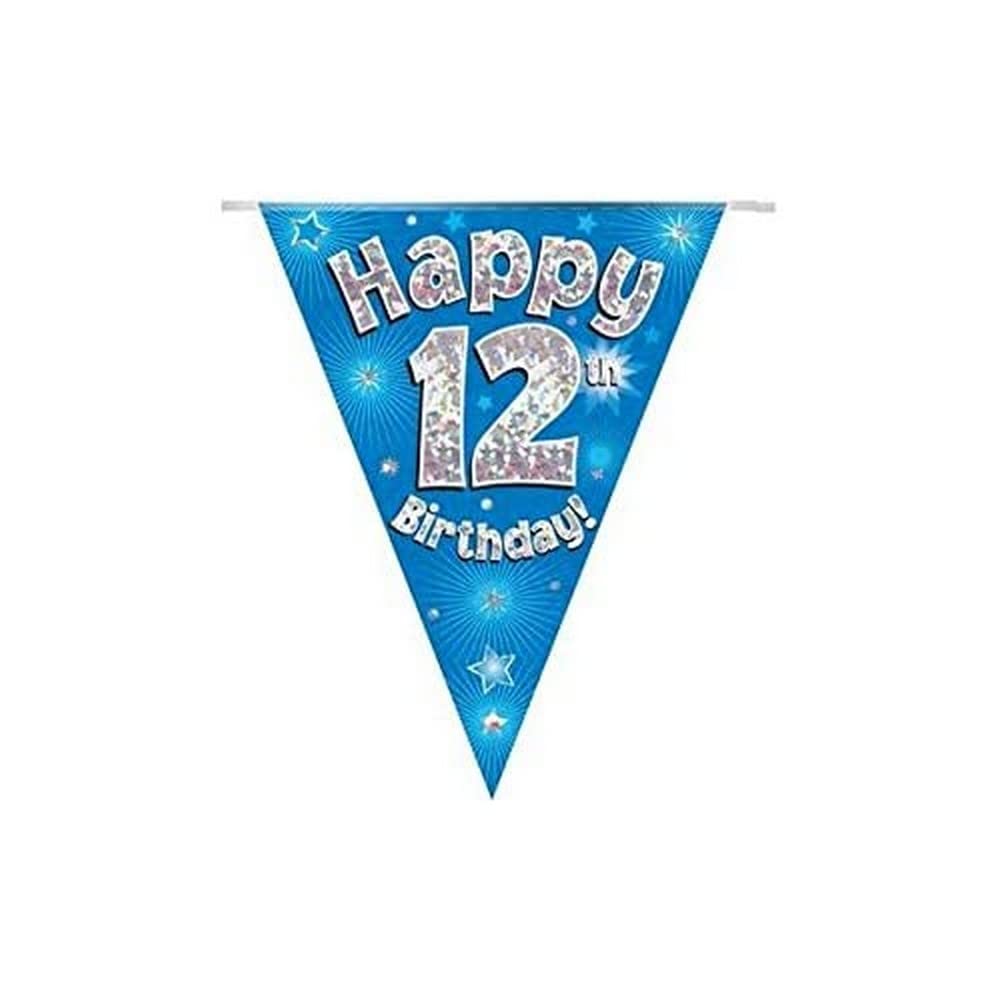 Party Bunting Happy 12th Birthday Blue Holographic 11 Flags 3.9m