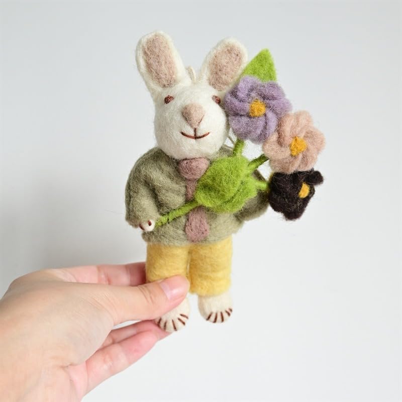 Taoxekoro Handmade Felt Bunny Keychain with Flowers - Adorable White Rabbit Bag Charm, Yellow Pants