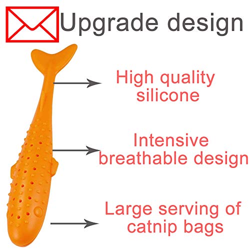 Catnip Toys Interactive Cat Fish Shape Toothbrush Refillable Catnip Bite Resistant Simulated Fish Silicone Teeth Cleaning Chew Pet Supplies for Kitten Kitty Cats Clean in The Dishwasher Blue & Orange